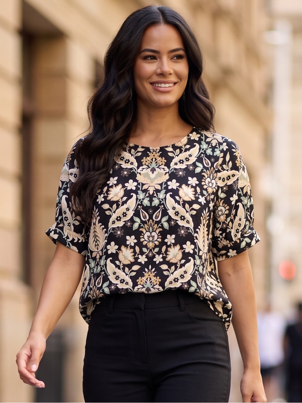 Ann Taylor Factory Black Floral Paisley Print Short Sleeve Blouse